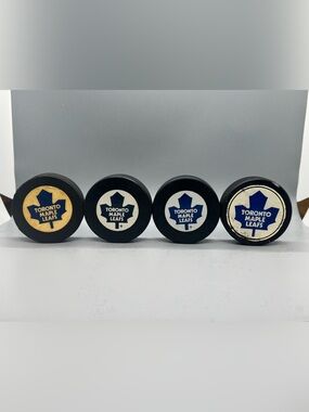 Vintage Toronto Maple Leafs Hockey Puck Lot – Cooper NHL Licensed – 4 Pucks